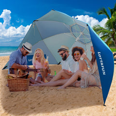 LOTTAFUN Beach Shelter blue-green canopy provides UPF 50+ sun protection at the beach
