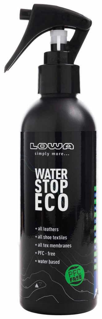 LOWA Water Stop Eco spray bottle protects hiking shoes from water and dirt.
