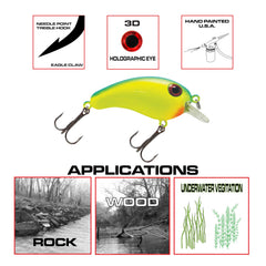 Luck E Strike Crappie Magic Crankbait 2inch side profile shows deflection over cover for snag-free casts.