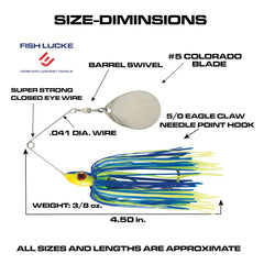 Luck-E-Strike Redman spinnerbait color detail with Colorado blade boosts thump and vibration