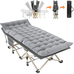 LUCKPRO folding camping cot with gold frame and gray pad, ideal for outdoor camping and guest rooms