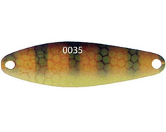 Luhr Jensen 2-needlefish spoon with barred perch scale brass back for perch fishing.