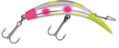 Luhr Jensen K14 Kwikfish Rattle lure with chartreuse pink dual dots for versatile trolling.