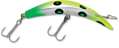 Luhr-Jensen K15 Kwikfish Rattle lure in chartreuse/green UV for deep-water trolling.