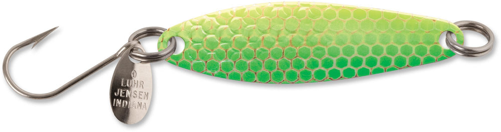 Luhr Jensen Needlefish Green Hot Scale UV with Brass Back boosts visibility for trout trolling