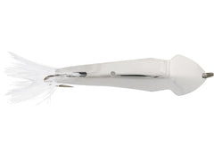 Luhr Jensen Pet Spoon White Feather Chrome, versatile lure for reef and saltwater fishing.
