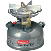 Lumitec Coleman dual fuel stove assembled for rugged outdoor cooking flexibility.