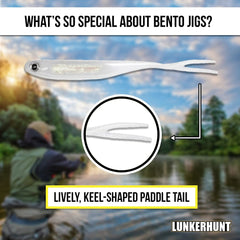 Lunkerhunt Bento ghost with split-tail action demonstrates dynamic lure movement.