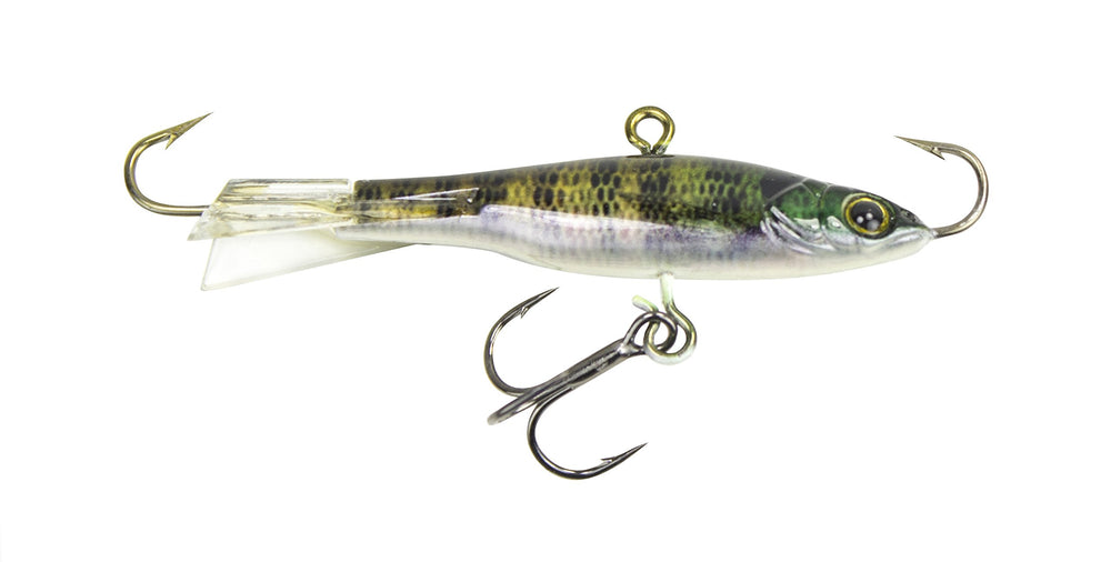 Lunkerhunt ice jig with fixed face and tail hooks entices panfish with shad realism