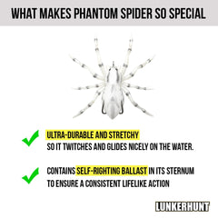 Lunkerhunt Phantom Spider weedless hook for easier fishing in cover.