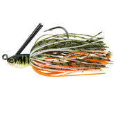 Lunkerhunt skirted swim jig perch closeup shows lifelike baitfish imitation for freshwater anglers.