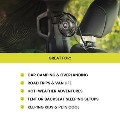 Luno car camping fan flexible arm adjusting airflow for precise comfort