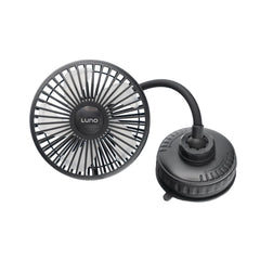 Luno car camping fan suction cup attached to window showing secure cooling