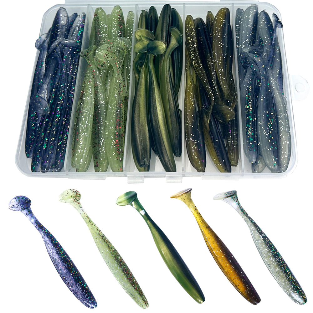 LURESMEOW 50-piece soft plastic lures box set for freshwater and saltwater fishing.