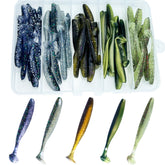 LURESMEOW 50-piece paddle-tail swimbaits in box for bass fishing