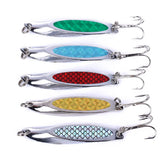 LURESMEOW fishing spoons with green shiny coating for high visibility underwater.