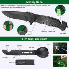 Luxmom survival kit hatchet and shovel in view for quick field tasks.