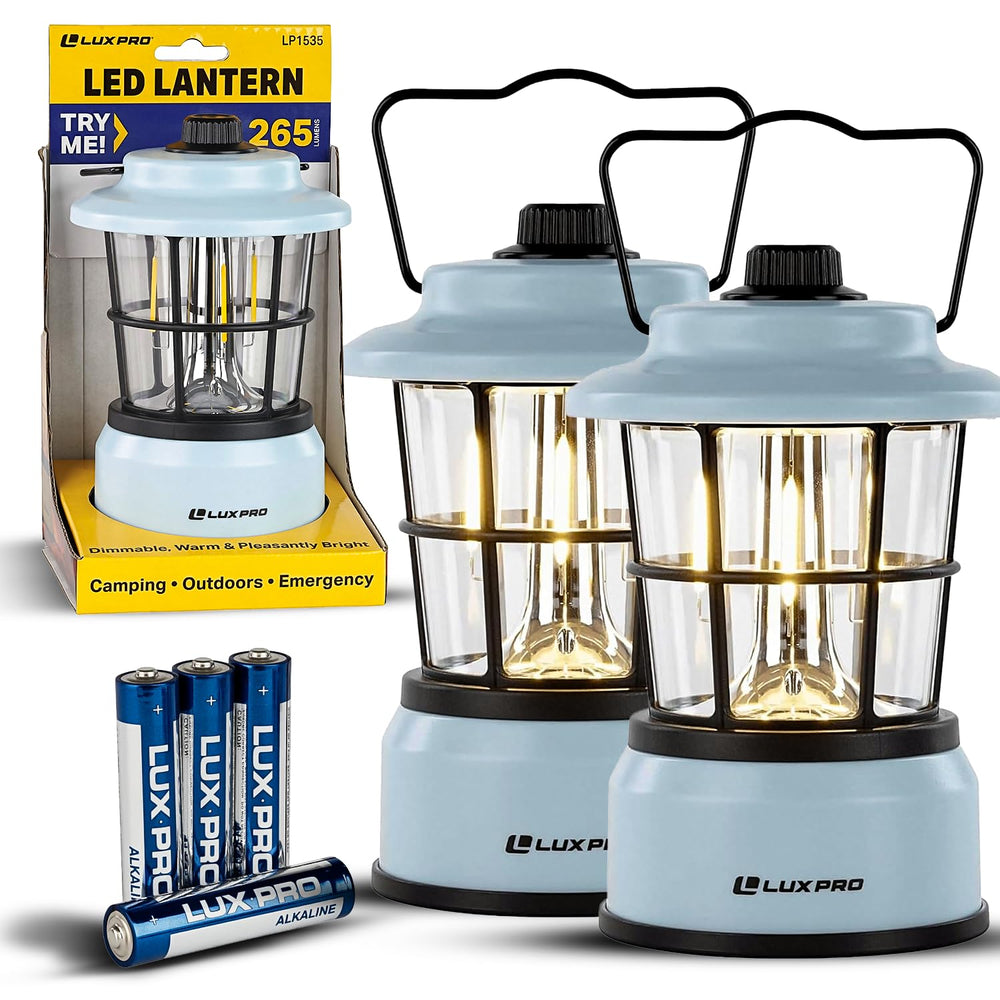 LUXPRO Retro LED Lantern blue front view for reliable campsite lighting.