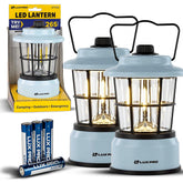 LUXPRO Retro LED Lantern blue front view for reliable campsite lighting.