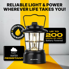 LUXPRO Retro LED Lantern on with warm glow for low-light scenarios