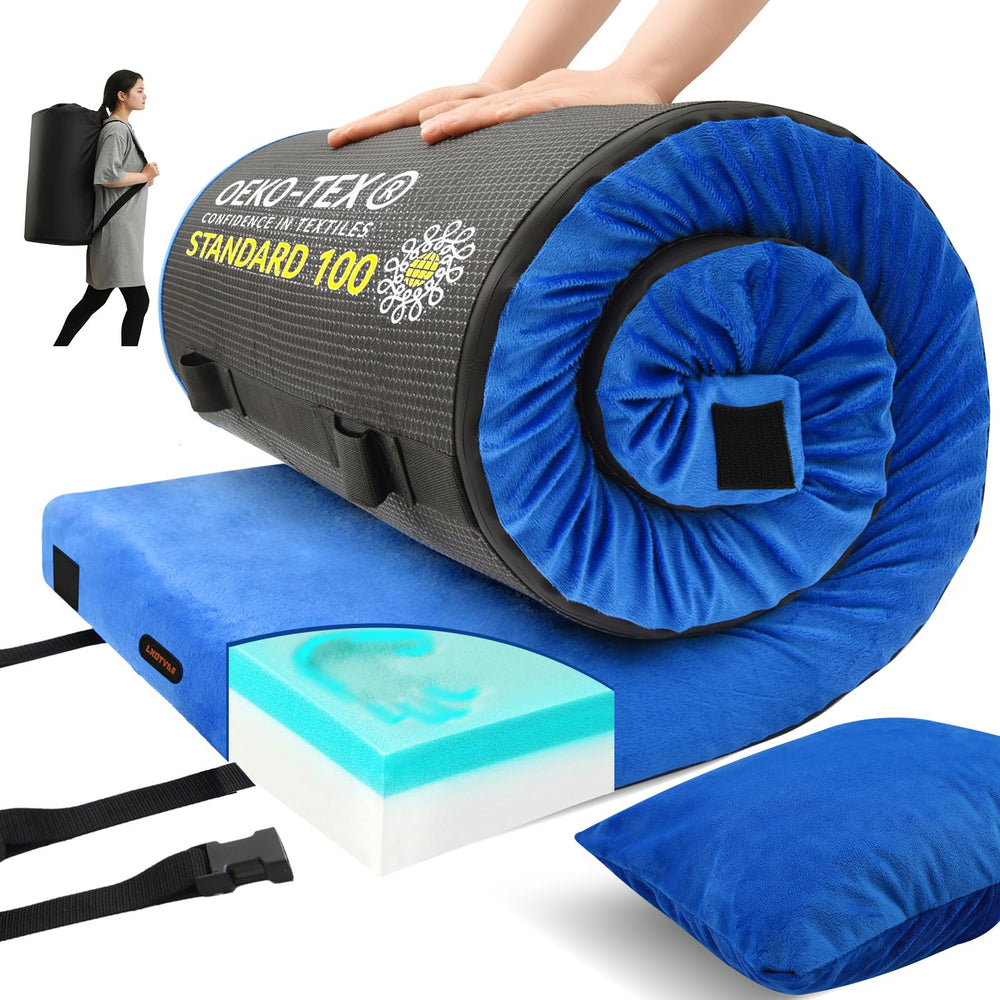 Lxotvae memory-foam camping mattress pad folded for portable comfort on trips.