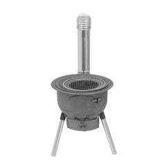 LyeXD wood-burning stove with grill rack showing durable construction for versatile outdoor cooking.