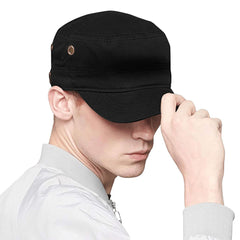Lzihkst Trendy Black Cadet Cap side view with adjustable fit for secure wear.