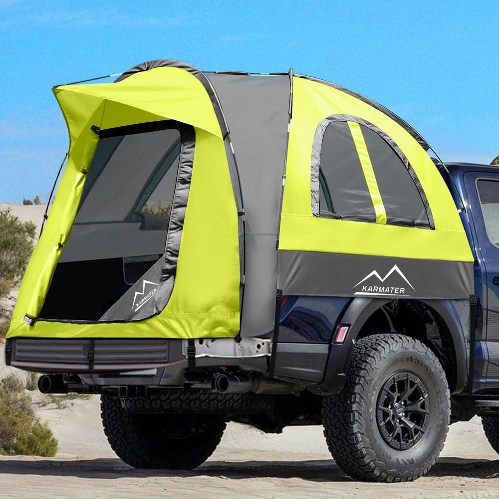 M KARMATER pickup truck tent weatherproof fabric close-up showing rain protection