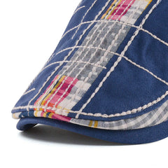 Unisex blue beret hat with plaid stitching