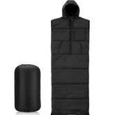 Macarrie wearable sleeping bag with hood demonstrates mobility and warmth for cold-weather camping.