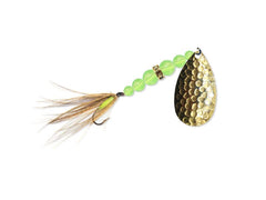 Mack's Lure Wedding Ring Glo Fly Hammered Brass shines to attract kokanee, trout, perch and walleye