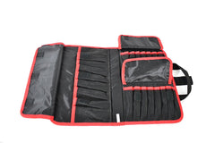 Protective red jig bag with hook-and-loop clasps in use