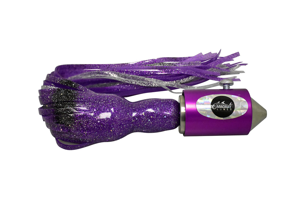 MagBay Lures El Sincero wahoo lure in purple anodized finish with rattling head for high-speed trolling.