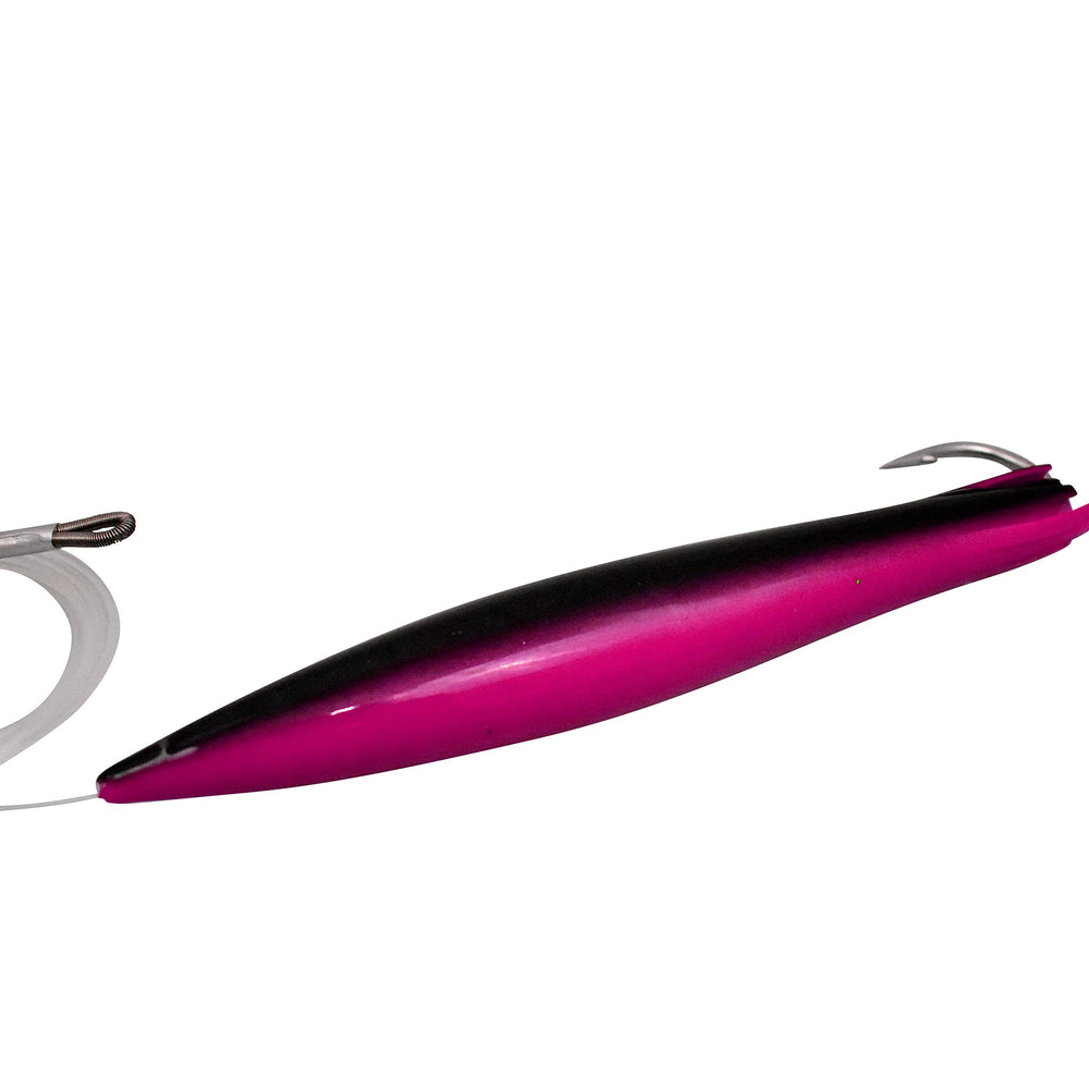 MagBay Lures soft cedar plug with balance-weighted head in pink and black for tuna trolling