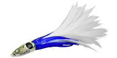 MagBay Premier 6-inch Tuna Feather Lures in blue-white with abalone head for pelagic trolling