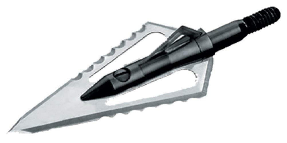 Magnus Stinger Buzzcut broadhead in silver with serrated blades for sharper cuts.
