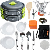 MalloMe 18pc mess kit assembled for compact camping meals and quick setup.