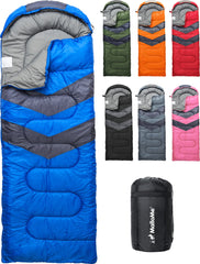 MalloMe sleeping bag for adults, fully zipped for all-season warmth and comfort.