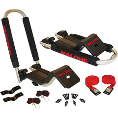 Malone Downloader folding J-style carrier shows fold-down height for garage clearance.