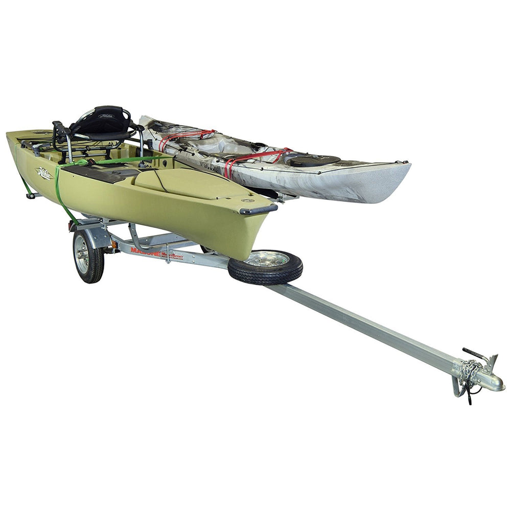 Malone MicroSport 2 kayak trailer with bunk carriers enables easy transport of two 20 ft boats