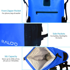 Malo'o 30L capacity image demonstrates fits 24 cans plus ice.