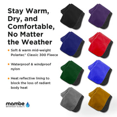 Mambe blanket shows Polarfleece Ultra 300 inner side for soft warmth and light weight.