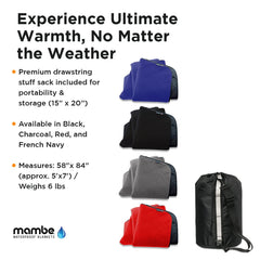 Mambe Super Extreme Blanket in use outdoors in snow, warmth for windy nights