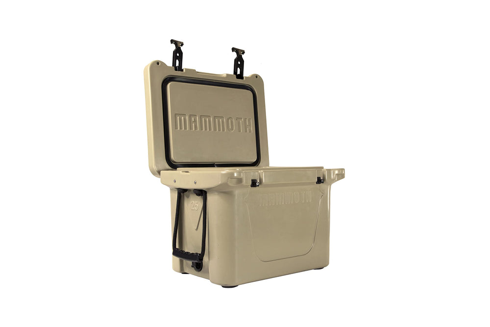 Mammoth Ranger 25 cooler front view in tan, portable for boat trips