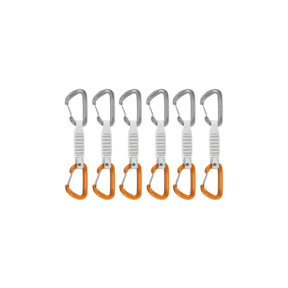 Mammut Sender Wire 6-Pack quickdraws in light grey and gold for alpine routes and sport climbs, lightweight performance