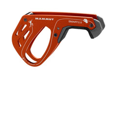 Mammut Smart 2.0 belay device close-up in dark orange, showing precise rope control for smooth belaying