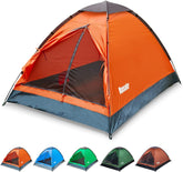 Mansader 2-person orange dome tent front view emphasizing portability for travel