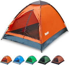 Mansader 2-person orange dome tent front view emphasizing portability for travel
