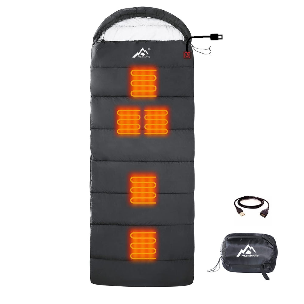 Mantuole rectangular heated sleeping bag with 5 pads providing targeted warmth for cold nights