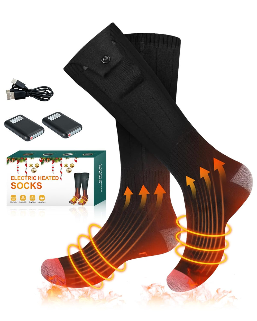Maraiss heated socks packaging highlights universal fit and warmth.